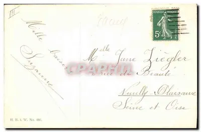 Jeune couple en tenue d'époque — scène de printemps avec saules en fleurs — éditeur H. H. i. W. No. 486 — Reverso