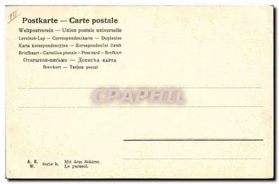 Kobieta pod parasolem — deszcz — A.S. W. Serie b. Mit dem Schirm. Le parasol. — Rewers