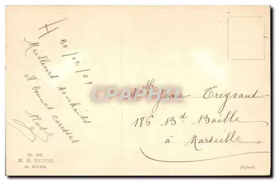 Kobieta w pelerynie w zimowym dekorze — 'Szczęśliwe Nowożytne!' — M. Munk, Nr. 390 — Rewers