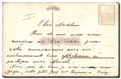 Violetas em um vaso — carta de aniversário — E. M. Léonard — Verso