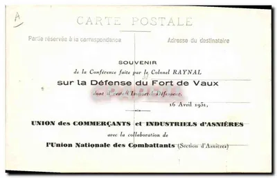 Coronel Raynal — Conferência sobre a Defesa do Forte de Vaux — 16 Abril 1931 — União dos Comerciantes e Industriais de Asnières — Verso