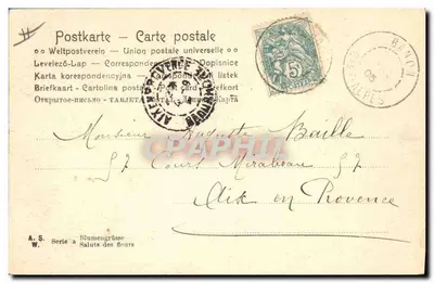 Kobieta trzymająca bukiet kwiatów — wydawca Minkal, seria A.S. — ok. 1905 — Rewers