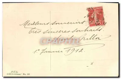 Dois cães — um grande e um pequeno — segurando flores e uma carta — P.T.L. Arte de Viena No. 151 — Verso