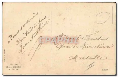 Kobieta i pies patrzący na jeźdźca — wydawca M. M. Vienne, nr 580 — Rewers