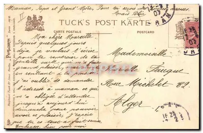Cachorro ferido — com curativo e garrafa de cola — editor Tuck & Sons, série V. ENGLAND — Verso