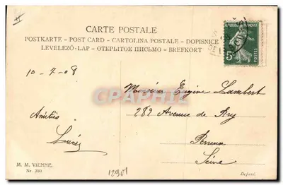 Młoda kobieta z kapeluszem ozdobionym wstążkami — wydawca M. M. Vienne, n° 380 — Rewers
