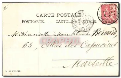 Jovem mulher com chapéu de penas — texto amoroso — editor M. M. Vienne — Verso