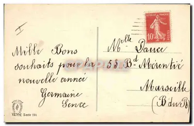 Boa e feliz ano — decoração de abeto e rosas — Viena Série 721 — Verso