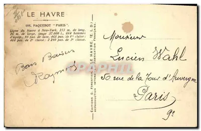 Paquebote "Paris" — Linha do Havre a New-York — Edições G. Forestier — Verso