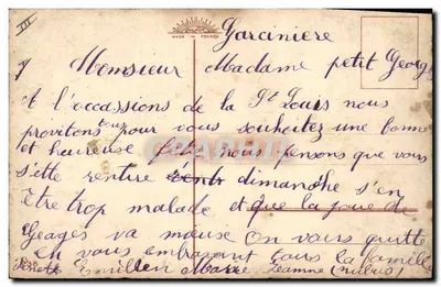 Bukiet myśliwych w koszyku — Szczęśliwego Dnia — Wydawca Gar cin ière, Francja — Rewers