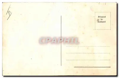 Scène de gare animée — personnages félinos en tenue de voyage — éditeur 'Printed In Holland' (verso) — Verso
