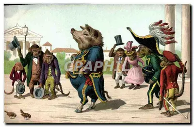Schauspiel von Affen und Schwein in Kostüm — Verlag M. V. Allouez, Paris