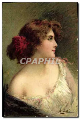 Jovem mulher com cabelos castanhos — flor vermelha nos cabelos — A. Asti — Série 1292, K. F. Éditeurs, Paris