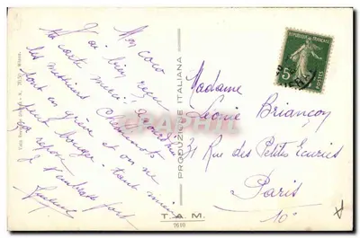 Młoda kobieta w zielonej sukience — z bukietem niebieskich kwiatów — Produkcja Włoska, N. 7610 — Rewers