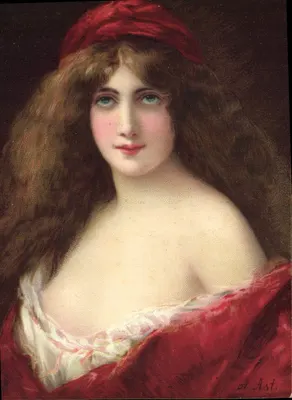 Jovem mulher em vermelho — retrato — A. Asti, Série 1292, K. F. Editores, Paris