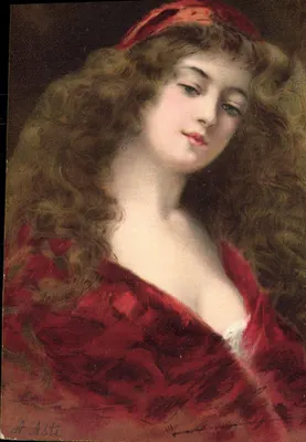 Jovem mulher em vestido vermelho — A. Asti — Série 1292, Editores A. F., Paris