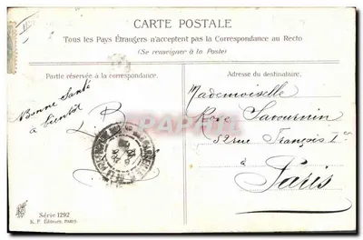 Młoda kobieta w sukni z wyhaftowaniem — K.F. Wydawcy, seria 1292 — Rewers