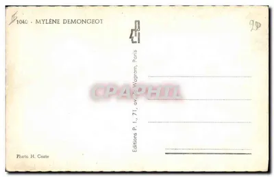 Mylène Demongeot — retrato em preto e branco — Éditions P. I., 71, av. de Wagram, Paris — Verso