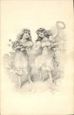 Dwie młode dziewczyny w sukniach stylu victoriańskich — ilustracja rytowana — seria 619, wydana przez L. (Léon) w Paryżu