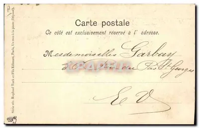 Kobieta w białej sukni i pies — Wesołych Świąt 1906 — Raphael Tuck & Fils, Paryż — Rewers