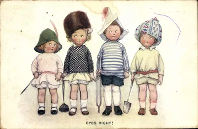 Cztery dzieci w mundurach żołnierskich — 'EYES RIGHT!' — wydawca nieczytelny