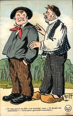 Dwóch mężczyzn w rozmowie — humorystyczna karikatura — wyd. Bochaneaux flip-top, Paryż, seria N°173