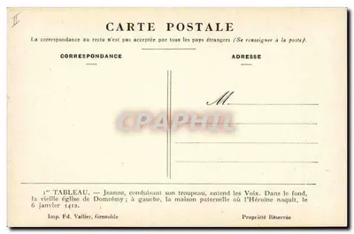 Jeanne prowadząca swoje stado — stara świątynia w Domméry po lewej, dom ojczysty, w którym Héroïna urodziła się 6 stycznia 1412 — Imp. Ed. Vallier, Grenoble — Rewers