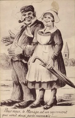 Casamento — caricatura de um casal de soldados — Editor Brochérioux, série 279