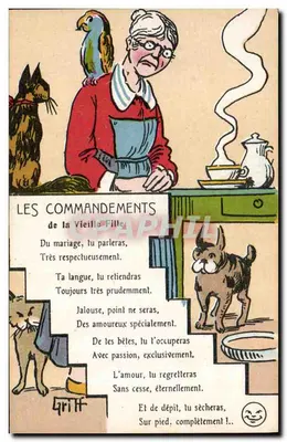 Os Mandamentos da Velha Moça — caricatura humorística — Em. Brochertious, Imp.-Edit.-Paris, Série N°174