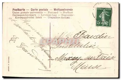 Zimowy krajobraz — iglaki i zasne sosny — wydrukowane w Niemczech — Rewers