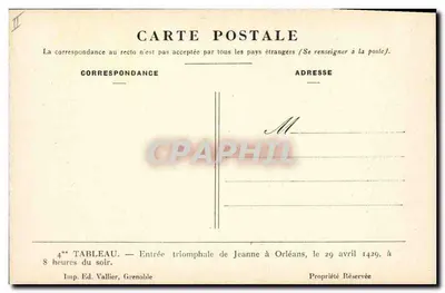 Entrada triunfal de Joana a Orléans — 29 de abril de 1429, às 8 horas da noite — Imp. Ed. Vallier, Grenoble — Verso