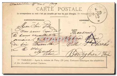 Bordighera — Cena histórica da vitória de Patay — Imp. Moutot, Marselha — Verso