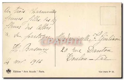 Flores da França — ilustração de uma jovem mulher segurando um buquê — Edição 'Aux Alliés' Paris — Verso