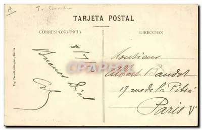 Corrida di tori - Caduta del Picador — Eug. Pasaulh, editore-fotografo Biscarr — Verso