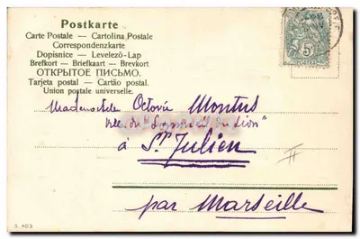 Kobieta w stroju scenicznym — karta pocztowa zdobiona różowymi motywami kwiatowymi — wydawca S. 403 — Rewers