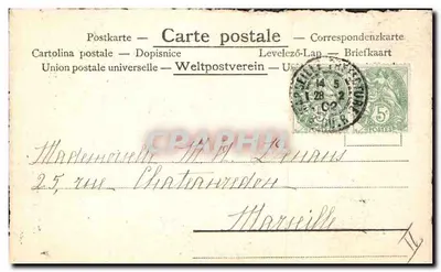 Casal em traje da época — ilustração — União Postal Universal — Verso