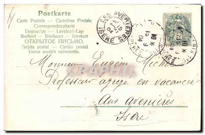 Vrouw met cilindervormig hoedje — tussen kersbloemen — liefdevol herinnering — gedateerd 18/9/1904 — Achterkant