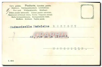 Kobieta w stroju epokowym z kotem — ilustracja podpisana 'Darras' — wydawca S. 4016 — Rewers