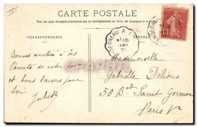 Menina em vestido de quadros — sob um arco de videira — Coleção H. Laurent, Port-Louis, n° 902 — A você meu coração, um beijo e estas flores — Verso