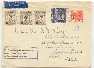 Dutch Indies 1937 Cover from Soerabya Java DEI via KLM to Bangkok via Imperial Ariways 5Muller 54 to Hong Kong to US