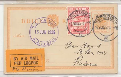 África do Sul 1925 Primeiro Voo de CapeTown para Durban e Pretoria Escasso (1er vol)