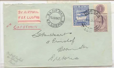 África do Sul 1925 Primeiro Voo CapeTown Durban Pretoria Aço preto 'Durban only) Raro (1er vol)