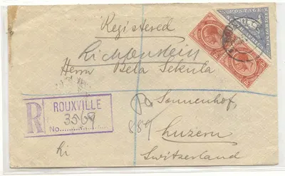 África do Sul 1926 colagem sobre envelope registrado raro Rouxville (África do Sul)