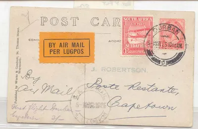 África do Sul 1925 Primeiro Voo CapeTown Durban Pretoria em postal Raro (1er vol)
