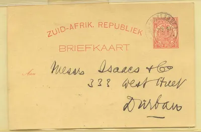 África do Sul Transvaal #1 usado em 1894 para Durban (estampilha postal estacionária da África do Sul)