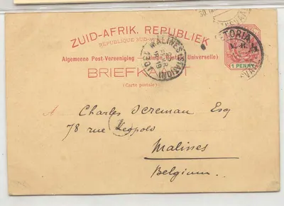Sul da África Transvaal Carta Postal #10 usd para Bélgica (entier postal estacionário África do Sul)
