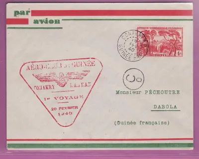 Bì thư bưu phẩm Guinea chuyến bay đầu tiên 1st Flight Conakry Kankan 19 tháng 2 năm 1940 gửi Dabola