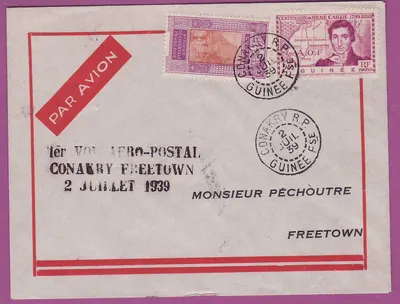 Bì thư bìa Guinee Lần bay đầu tiên 1st Flight Conakry Free Town Sierra Leone 2 Tháng 7 1939