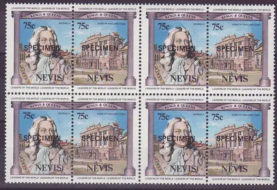 Nevis 75c George II Bank of England Surcharge SPECIMEN ** Luxe Bloc de 4