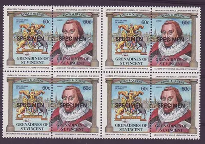Grenadinas de St Vincent 60c James I Escudo Real Leão Licorne ** Luxe Sobrecarga EXEMPLAR Bloc de 4